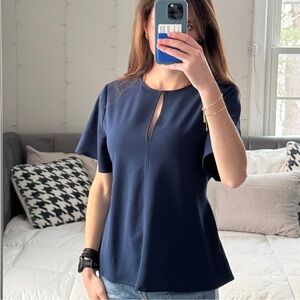 Express Navy Tie-Back Blouse with Keyhole Detail